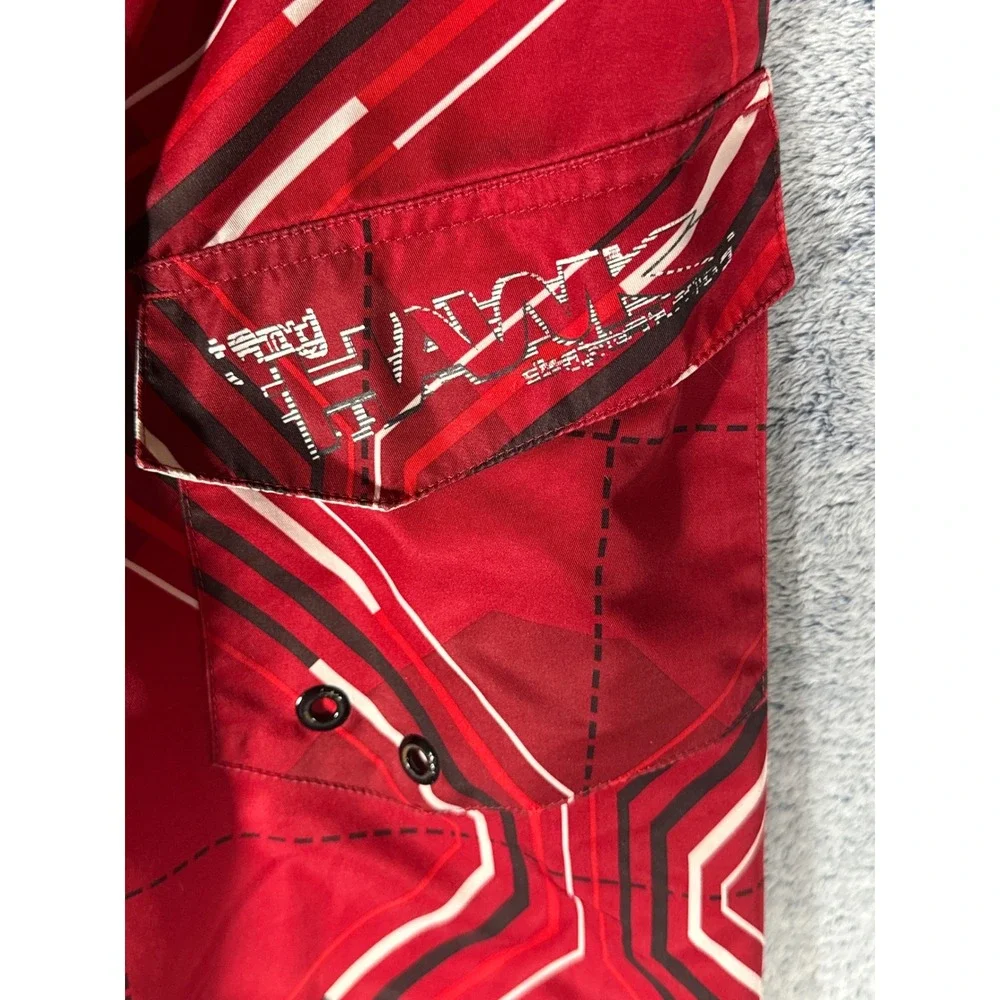 Tony Hawk Boys XL Red Geometric Board Shorts Swim Trunks Mesh Lined Cargo Pocket